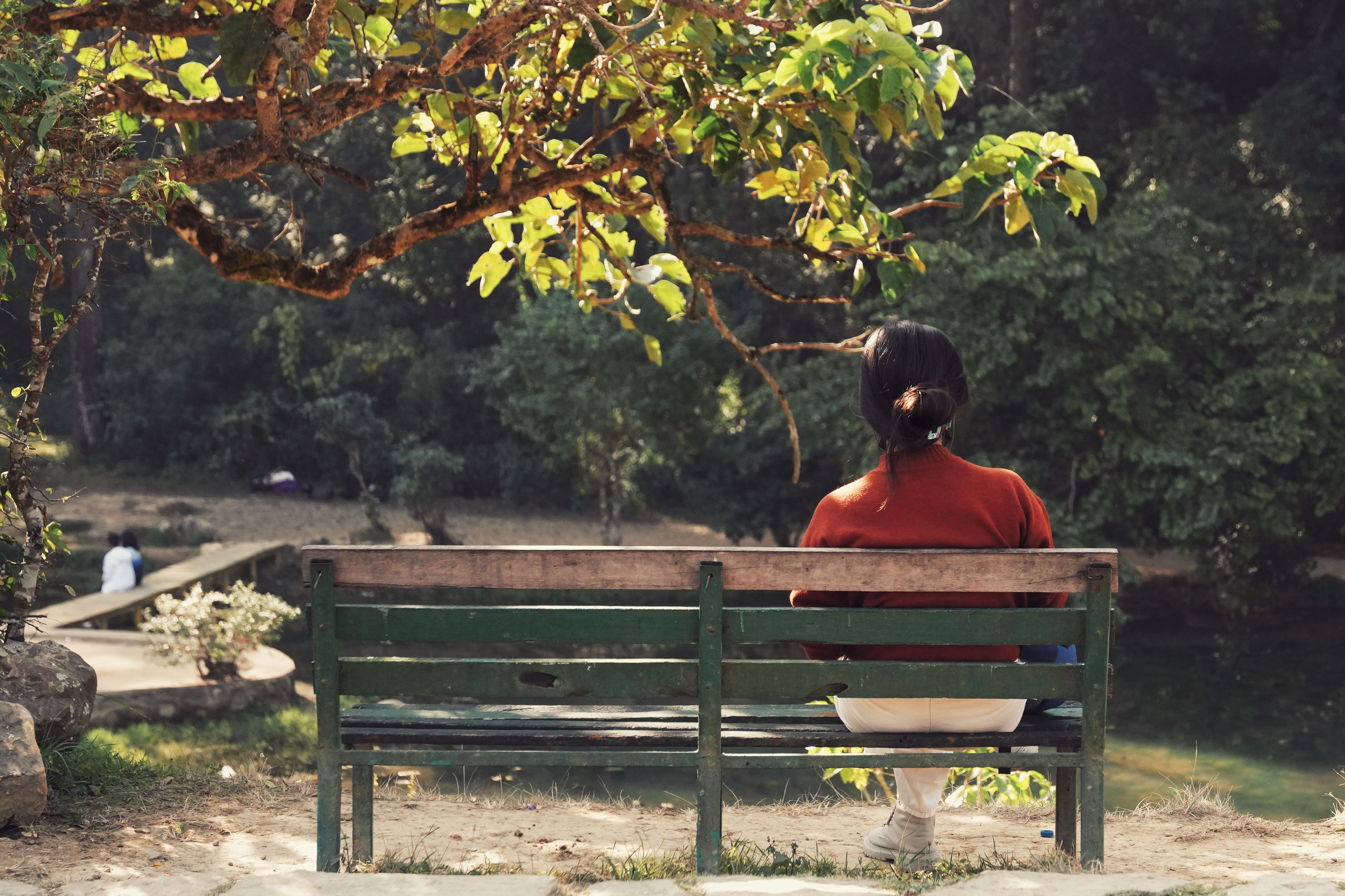 A woman in a red sweater enjoys solitude on a park bench under a tree.