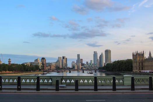 A scenic view of London's skyline featuring the River Thames and iconic landmarks.