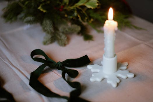 A warm and cozy holiday table setting featuring a lit candle and festive greenery.