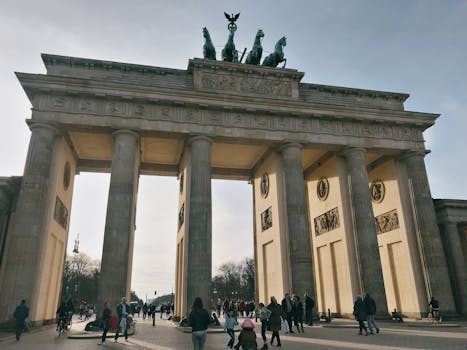 Iconic Brandenburg Gate in Berlin, a symbol of German unity and history.