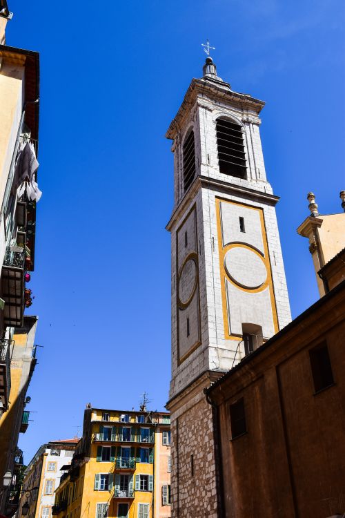 Free Capture of a historic bell tower in the vibrant Old Town of Nice, Provence-Alpes-Côte d'Azur, France. Stock Photo