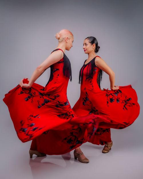 Free Two flamenco dancers in bold red dresses expressing dynamic movement and cultural art. Stock Photo