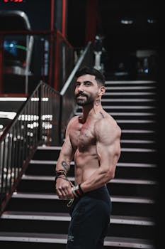 A fit adult male confidently poses inside a modern gym, showcasing his toned physique.