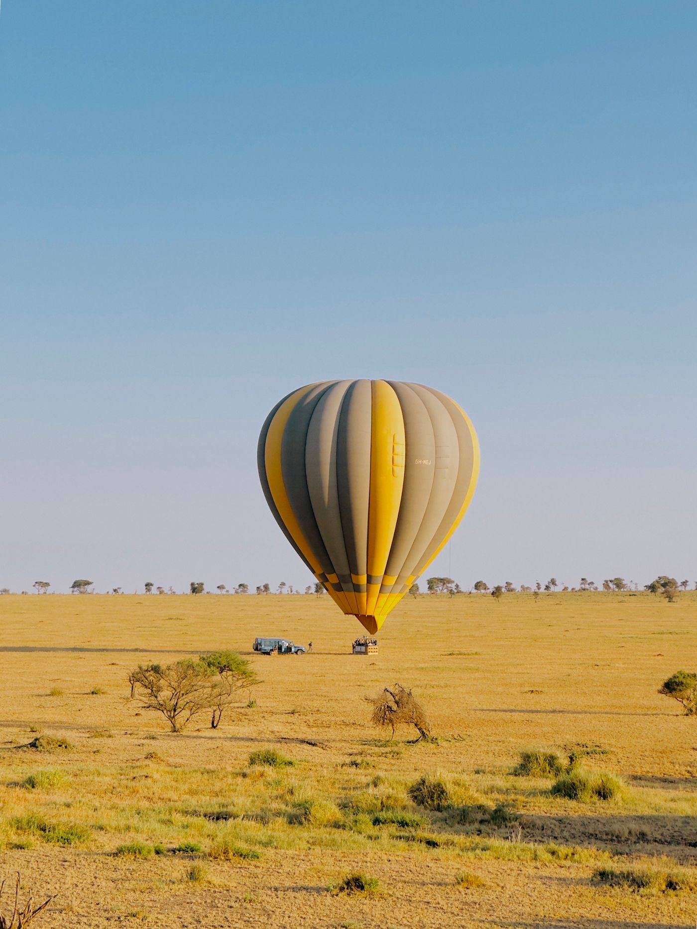 A hot-air balloon floating over the Serengeti plains in Tanzania