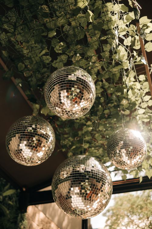 Free Four shiny disco balls reflect light in a lush green setting, creating a festive atmosphere. Stock Photo