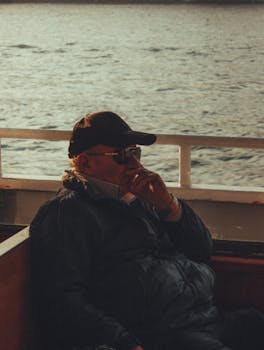 A senior man wearing sunglasses and a cap, lost in thought on a boat ride.