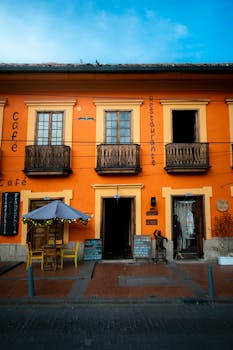 Charming colonial architecture of a café and restaurant in Zipaquirá, Colombia.
