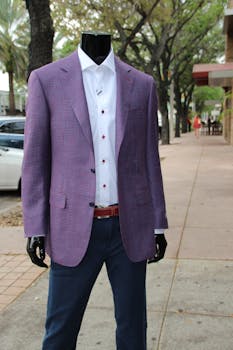 Mannequin showcasing modern menswear fashion on a vibrant city street.