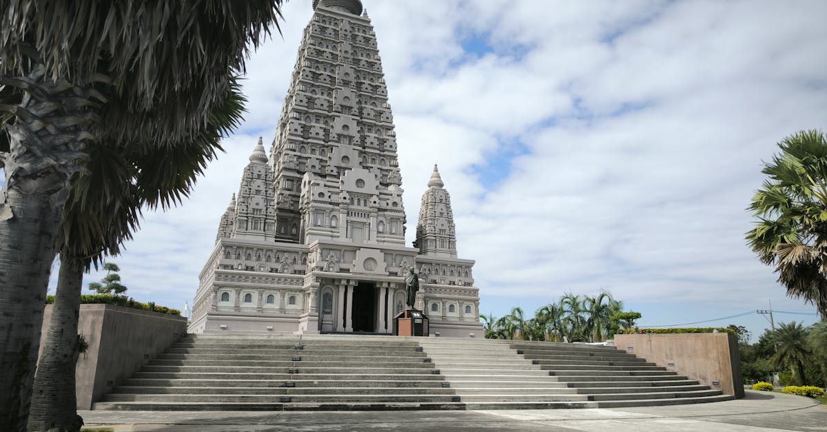 Stunning view of Mahabodhi Temple replica under clear skies in Pathum Thani, Thailand.