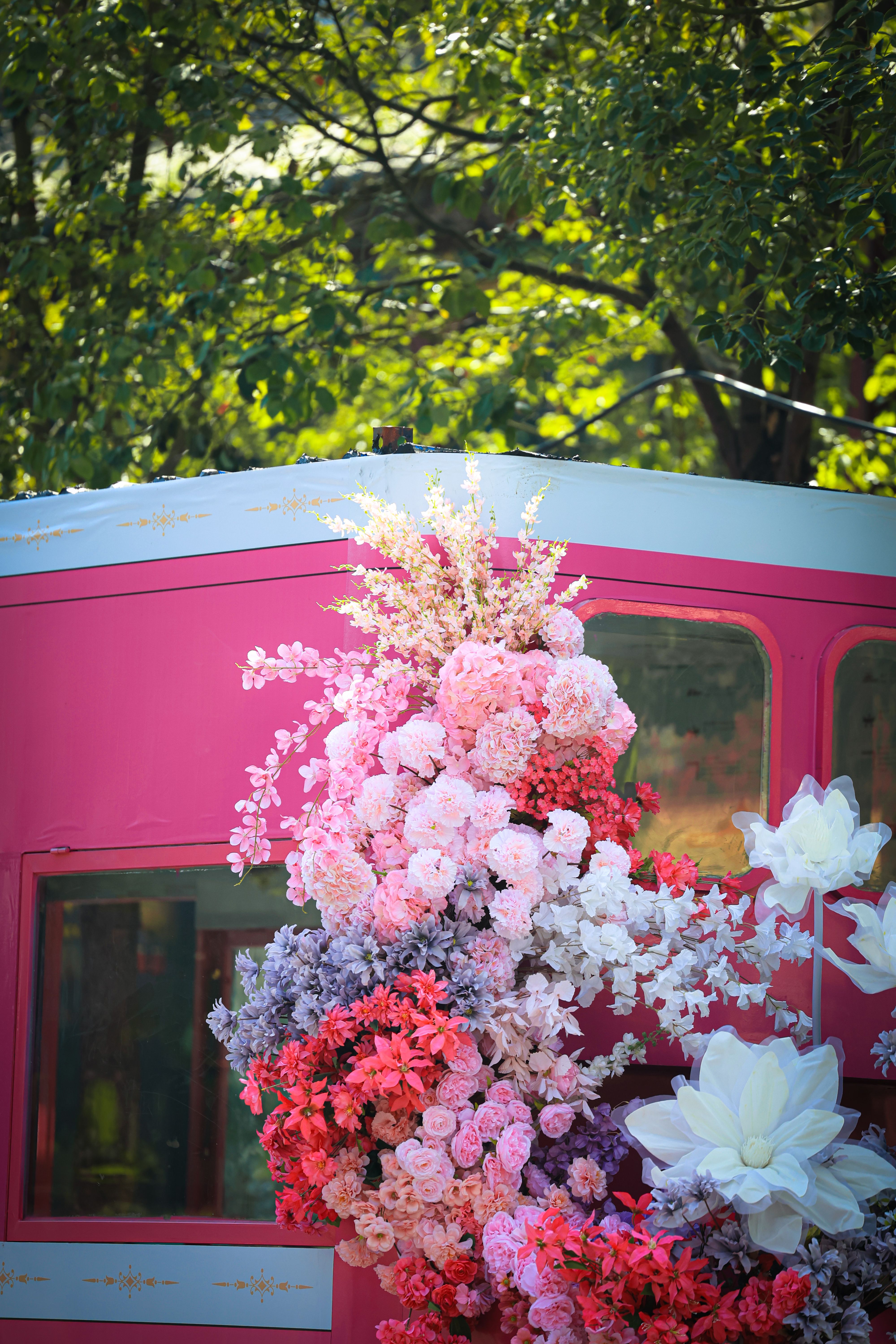 [ColoSach]-a-colorful-arrangement-of-pink,-purple,-and-white-flowers-adorns-a-vivid-pink-structure-outdoors.