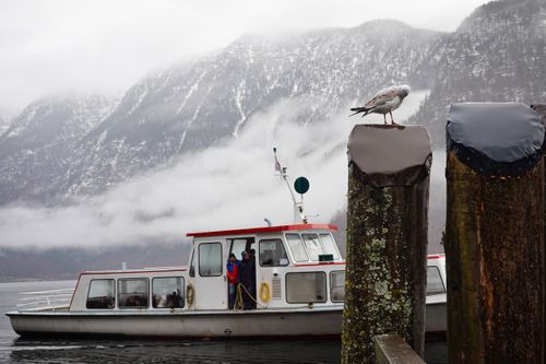 Free A ferry navigating the misty winter waters of Hallstatt, Austria, with snow-covered mountains in the backdrop. Stock Photo