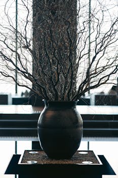 Artistic branches in a modern vase adding elegance to a cozy hotel lobby.