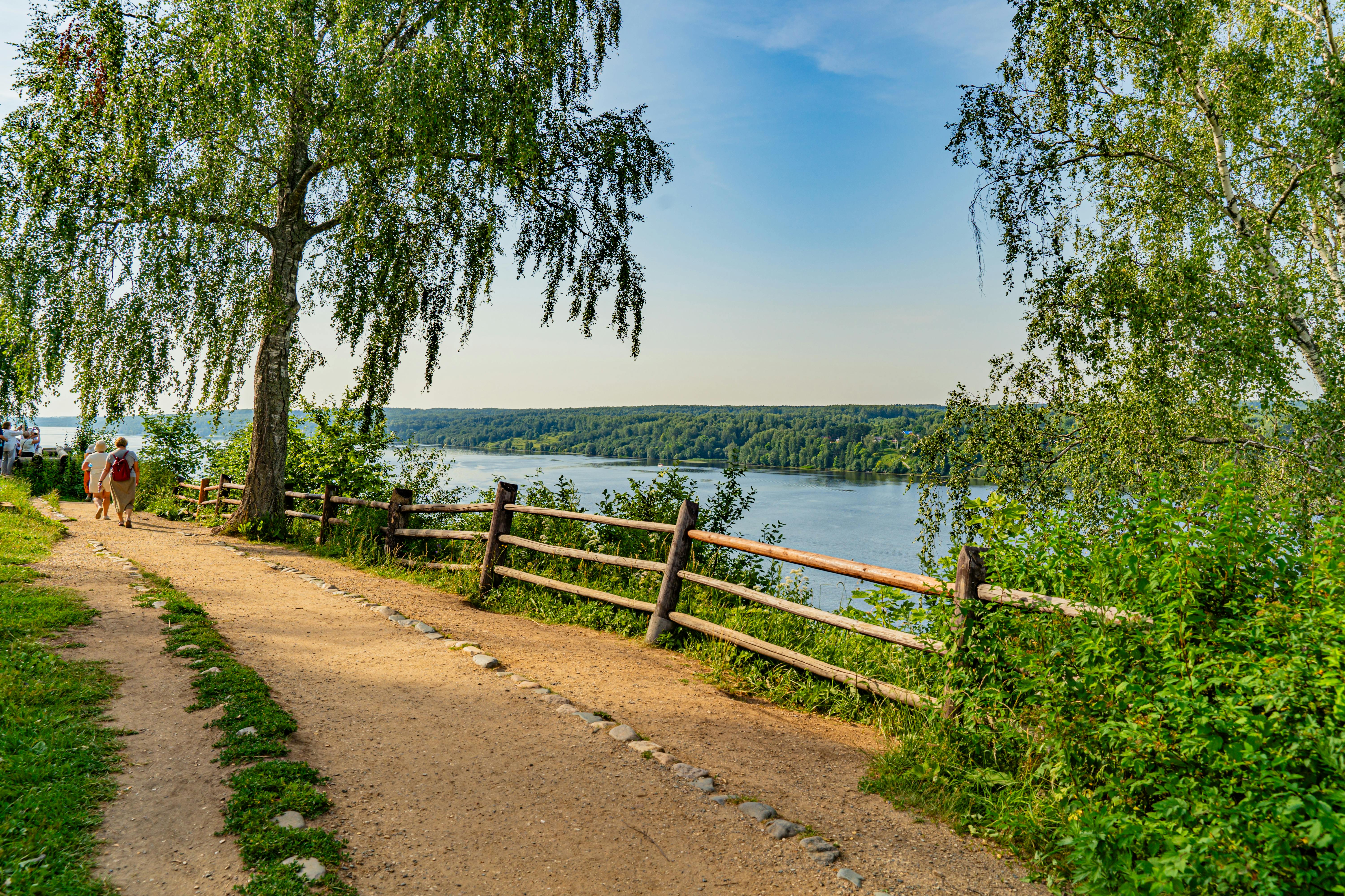Peaceful riverside path lined with trees under a clear blue sky in summer.