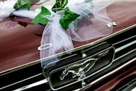 经典汽车引擎盖的特写，装饰着绿叶和纱罩，非常适合婚礼主题