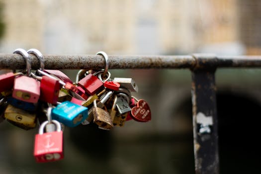 质朴的桥栏杆上，挂着一系列象征爱与承诺的、充满活力的挂锁