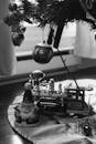 Black and white Christmas setup with toy train