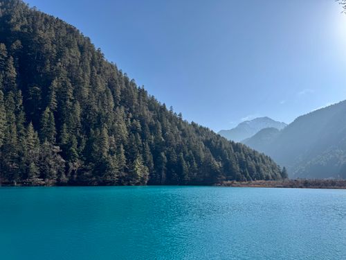 Free Peaceful blue lake surrounded by lush green mountain forest under a clear sky. Stock Photo