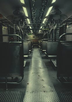 Explore the moody ambiance inside an empty train carriage with metal floors and overhead luggage racks.