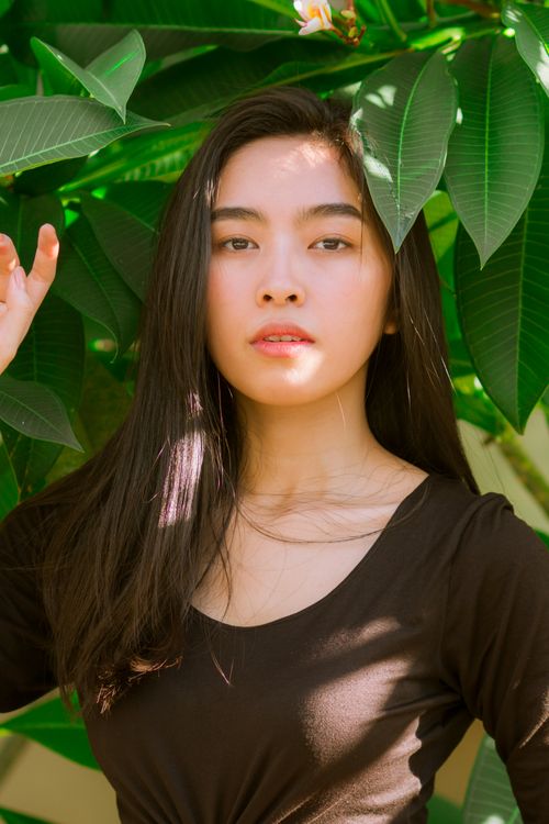 Free Beautiful portrait of an Asian woman with long hair surrounded by green leaves, outdoors. Stock Photo