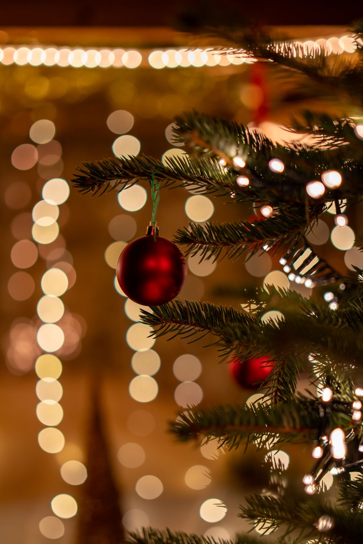 Decorated Christmas tree with red ornaments and twinkling lights, for a holiday trivia round, trivia night party ideas