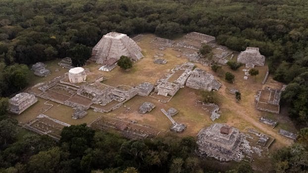 Explore the ancient Mayan ruins in Tecoh, Mexico from a breathtaking aerial perspective.