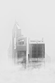Stunning black and white photo of modern Dubai skyscrapers rising through fog.