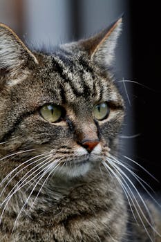 Portrait of a tabby cat with striking green eyes and detailed fur.
