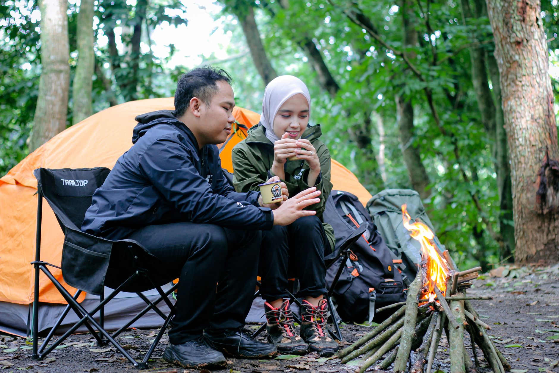 two person camping tent in forest