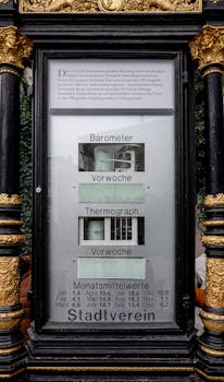 A classic weather station display featuring a barometer and thermograph in a decorative casing.