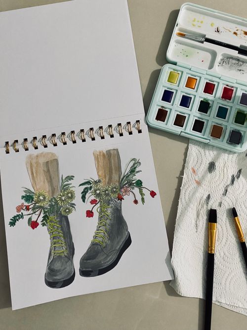 Watercolour study of boots with a floral border — photo by Sevval on Pexels