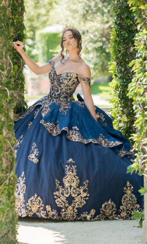 Free A young woman in a stunning quinceañera dress poses gracefully amidst a lush garden background. Stock Photo