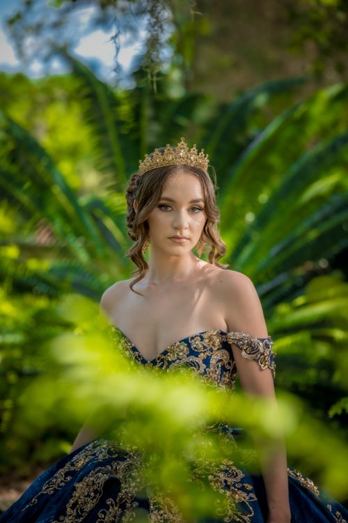 Free A woman wearing a crown and an ornate dress, standing amidst lush green leaves in a natural setting. Stock Photo
