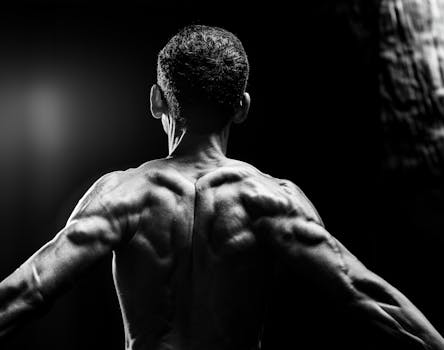 Dynamic black and white portrait highlighting muscular physique and body definition.