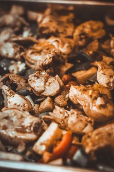 Savor the flavors of grilled chicken and fresh vegetables in this appetizing close-up.