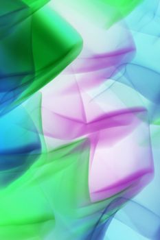 Vibrant abstract image featuring fluid shapes in green, blue, and purple hues.