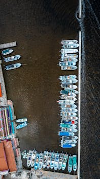 Aerial shot of fishing boats anchored in the harbor of San Felipe, Mexico.