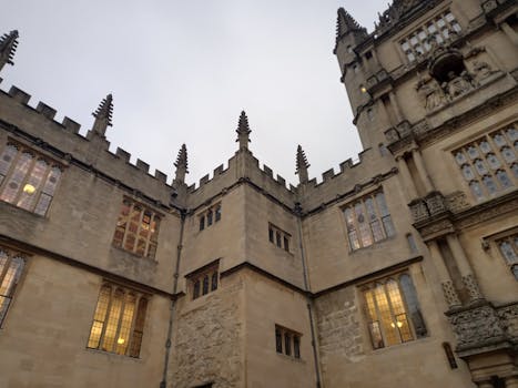 Historic gothic architecture of Bodleian Library in Oxford, England, captured at dusk.