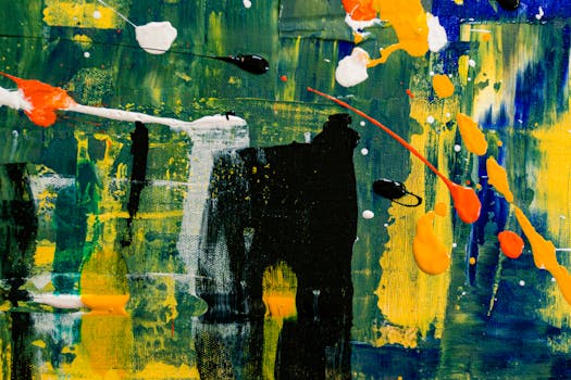 画布背景上，动态抽象绘画以充满活力的色彩和笔触展现