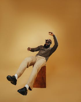 A stylish man poses mid-air against a brown backdrop, exuding cool and modern fashion vibes.