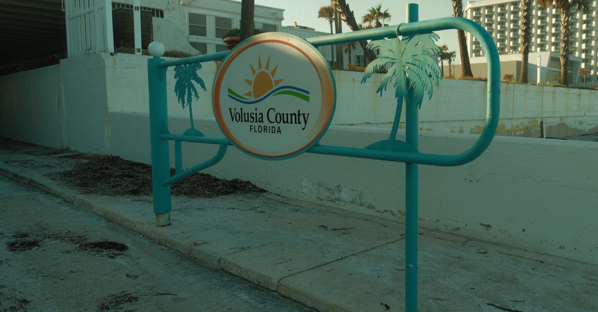 Sign at Volusia County, Florida beachfront entrance with palm trees.