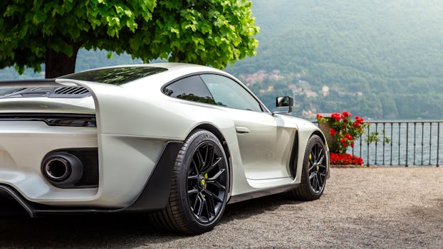 Luxury sports car parked by a lake with scenic mountain backdrop.
