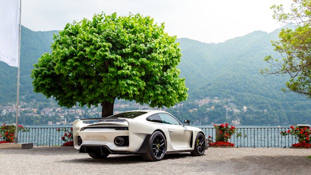 White luxury sports car parked by a lakeside with mountains and greenery, showcasing elegance.