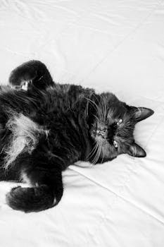 A relaxed black cat lies on a white surface, captured in monochrome for dramatic effect.