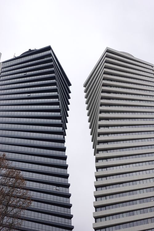 Free Stunning view of contemporary twin skyscrapers under overcast skies. Stock Photo