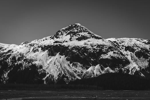 Captivating black and white photography of snow-covered mountains in Alaska's wilderness.