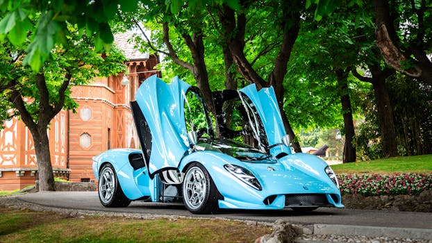Striking blue sports car with butterfly doors open amidst lush greenery in a park.