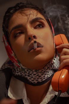 Close-up portrait of a woman with cigarette, using orange landline phone, intense expression.