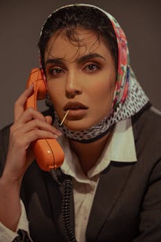Portrait of woman in scarf with orange phone in moody lighting.