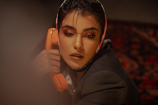 Stylish woman holding a vintage orange phone in artistic lighting indoors.