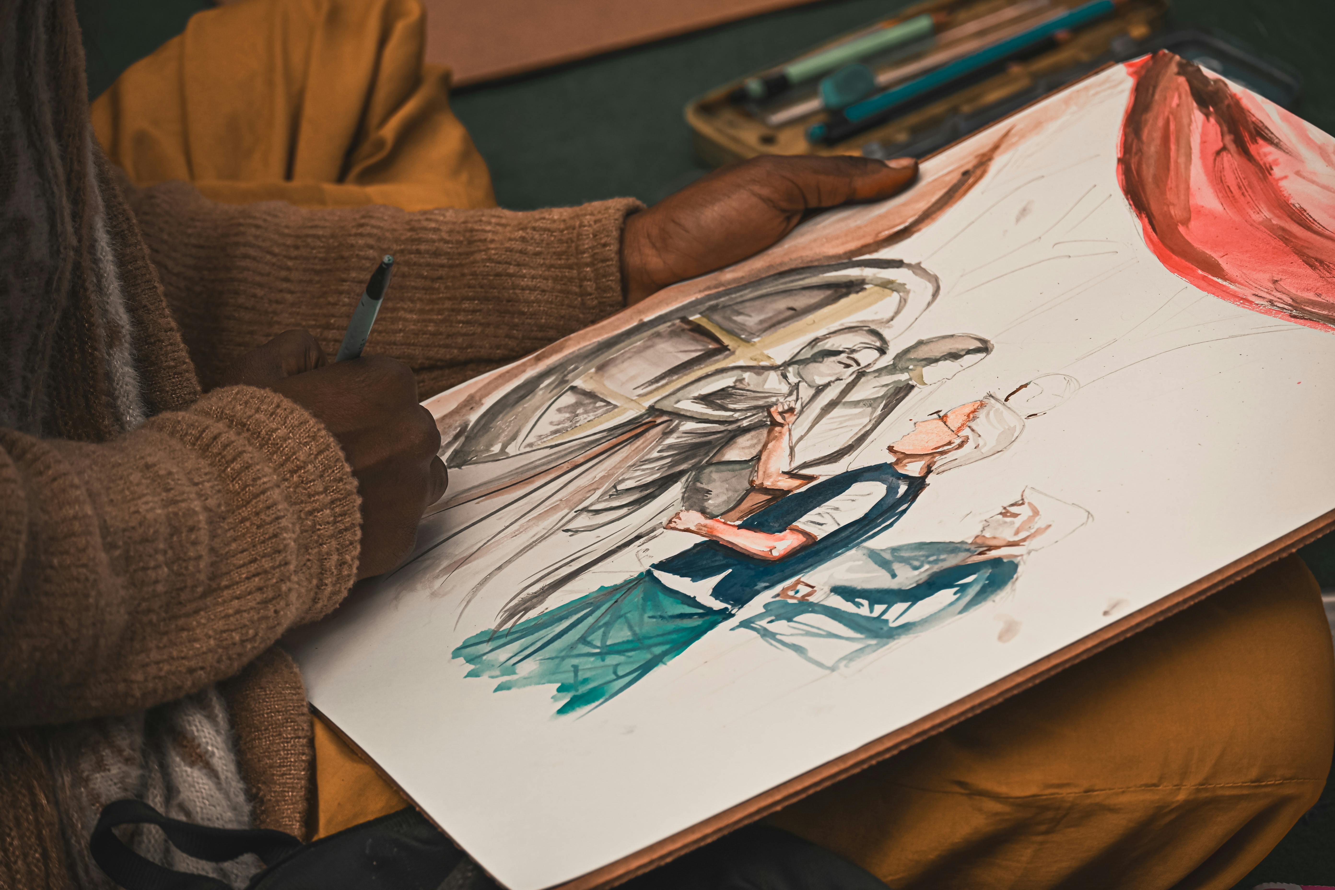 Close-up of an artist drawing a historical scene on paper with colored pencils.